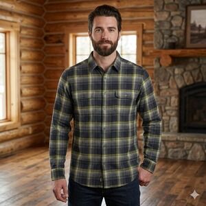 Kuhl Flannel Shirt Mens Large Navy Yellow Plaid Cotton Wool Blend Rugged Outdoor